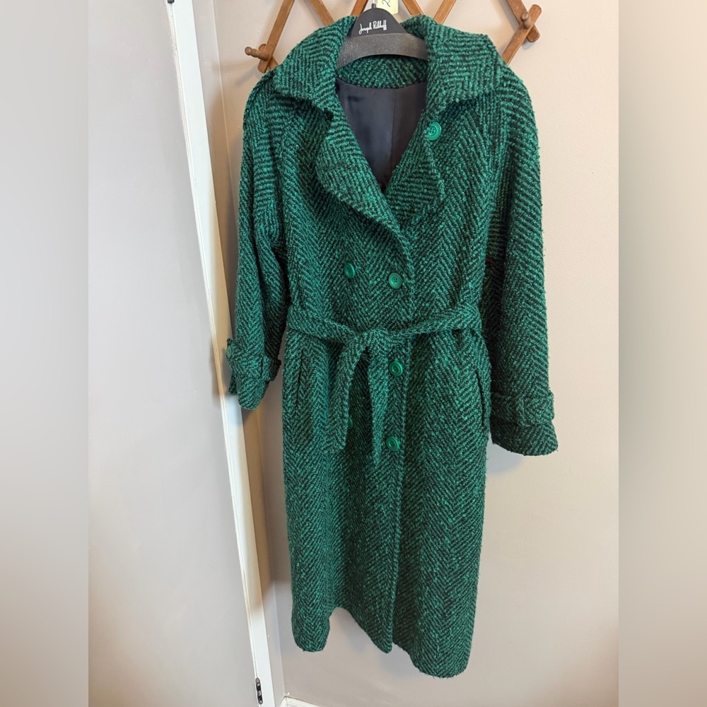 Mar-Lo Vintage Emerald Green Black Herringbone Bouclé Wool Coat M